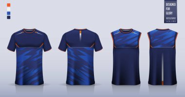 Futbol forması ya da futbol takımı için tişört modeli ya da spor gömlek şablonu tasarımı. Basketbol forması ya da koşu atleti için kolsuz bluz. Mavi spor üniforması, arka planda. Vektör İllüstrasyonu.