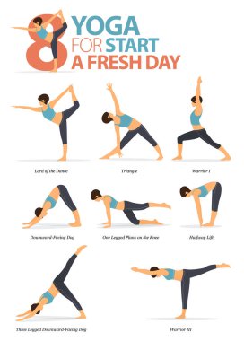 Evde yoga konseptiyle 8 Yoga egzersizi için poz veriyor. Düz tasarımda yeni bir güne başlamak için. Vücut germe egzersizi yapan bir kadın. Fitness bilgisi için yoga duruşu ya da asana. Düz Çizgi film Vektör İllüstrasyonu.