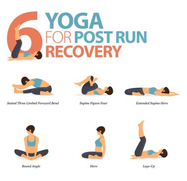 Evdeki 6 Yoga 'nın bilgileri, düz dizaynda Post Run Recovery için yoga konsepti konseptinde egzersiz için poz veriyor. Vücut germe egzersizi yapan bir kadın. Fitness bilgisi için yoga duruşu ya da asana. Düz Çizgi film Vektör İllüstrasyonu.