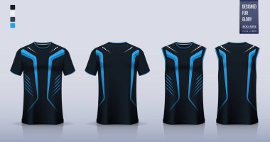Tişört modeli, futbol forması için spor gömlek şablonu tasarımı, futbol takımı. Basketbol forması ya da koşu atleti için kolsuz bluz. Koyu mavi spor üniforması, ön manzara, arka manzara. Gömlek Vektör İllüstrasyonunu uydur.