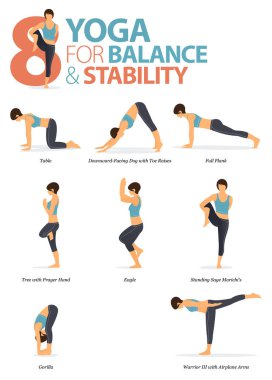 8 Yoga 'nın bilgileri evde denge ve denge için yoga kavramında egzersiz için poz veriyor. Vücut germe egzersizi yapan bir kadın. Fitness bilgisi için yoga duruşu ya da asana. Düz Çizgi film Vektör İllüstrasyonu.