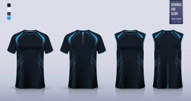 Tişört modeli, futbol forması için spor gömlek şablonu tasarımı, futbol takımı. Basketbol forması ya da koşu atleti için kolsuz bluz. Koyu mavi spor üniforması, ön manzara, arka manzara. Gömlek Vektör İllüstrasyonunu uydur.