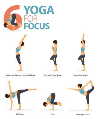 6 Yoga 'nın bilgileri evde egzersiz için poz veriyor. Yoga konsepti düz tasarım odaklı. Vücut germe egzersizi yapan bir kadın. Fitness bilgisi için yoga duruşu ya da asana. Düz Çizgi film Vektör İllüstrasyonu.