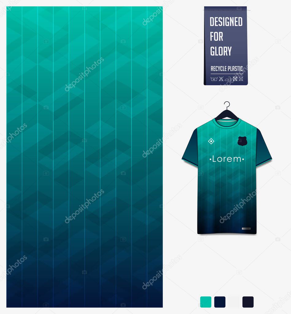 Blue Green color gradient and geometry shape abstract background.Fabric pattern for soccer jersey, football kit or sport uniform.  T-shirt mockup template design in front view. Vector Illustration.