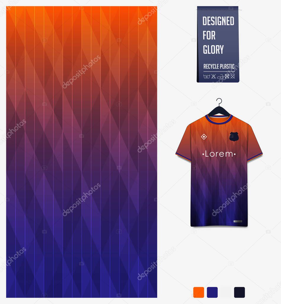 Blue Orange color gradient and geometry shape abstract background.Fabric pattern for soccer jersey, football kit, racing, e-sport, or sport uniform.  T-shirt mockup template design in front view with hanger. Vector Illustration.