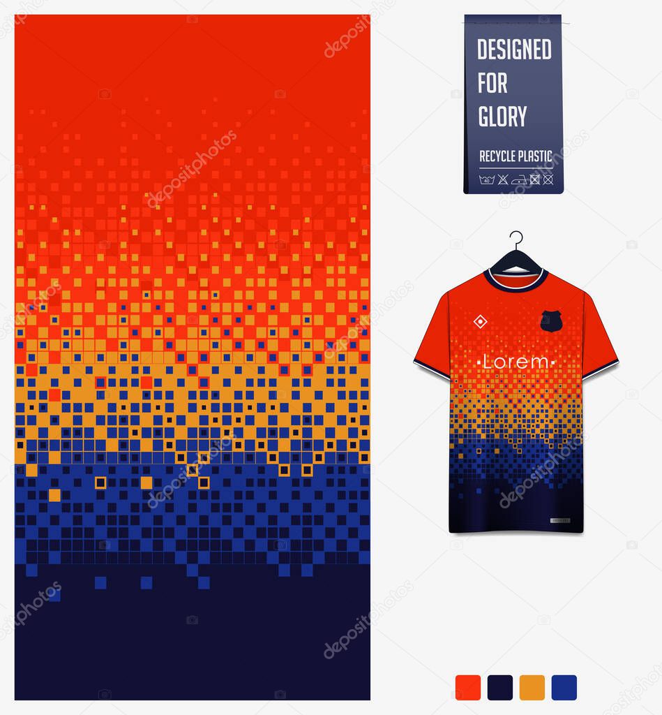 Blue Orange gradient and geometry shape abstract background. Fabric textile pattern design for soccer jersey, football kit, racing, e-sport, sport uniform. Front view t-shirt mockup template design. Vector Illustration.