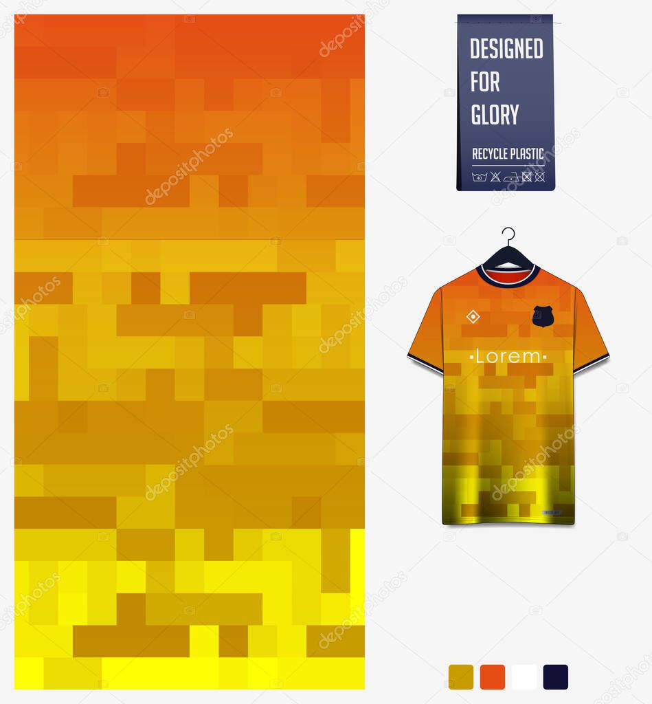 Orange gradient and geometry shape abstract background. Fabric textile pattern design for soccer jersey, football kit, racing, e-sport, sport uniform. Front view t-shirt mockup template design. Vector Illustration.