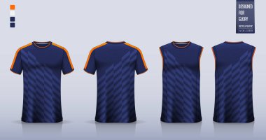 Mavi Geometrik desenli tişört modeli ya da futbol forması ya da futbol takımı için spor gömlek şablonu tasarımı. Basketbol forması ya da koşu atleti için kolsuz bluz. Spor üniforması arka planda. Vektör İllüstrasyonu.