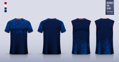 Mavi kareli tişört modeli ya da futbol forması ya da futbol takımı için spor gömlek şablonu tasarımı. Basketbol forması ya da koşu atleti için kolsuz bluz. Mavi spor üniforması, arka planda. Vektör İllüstrasyonu.