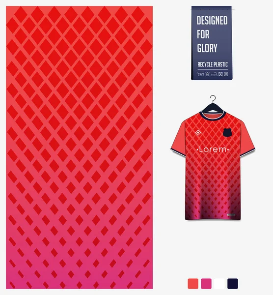 Red gradient and geometry shape abstract background. Fabric textile pattern design for soccer jersey, football kit, racing, e-sport, sport uniform. Front view t-shirt mockup template design. Vector Illustration.