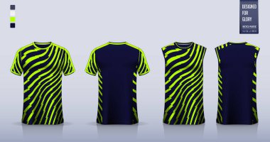 Futbol forması ya da futbol takımı için tişört modeli ya da spor gömlek şablonu tasarımı. Basketbol forması ya da koşu atleti için kolsuz bluz. Mavi gök gürültüsü desenli kumaş desenli spor üniforması için ön görüş arka planında. Vektör İllüstrasyonu.