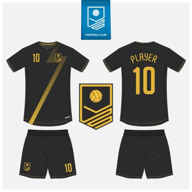 Futbol forması ya da spor kulübü için futbol takımı şablonu tasarımı. Futbol tişörtü, şortlar sahte. Futbol forması ön tarafta, arka planda. Düz dizaynlı futbol logosu. Vektör İllüstrasyonu.