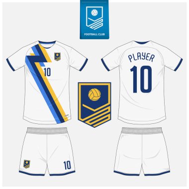 Futbol forması ya da spor kulübü için futbol takımı şablonu tasarımı. Futbol tişörtü, şortlar sahte. Futbol forması ön tarafta, arka planda. Düz dizaynlı futbol logosu. Vektör İllüstrasyonu.