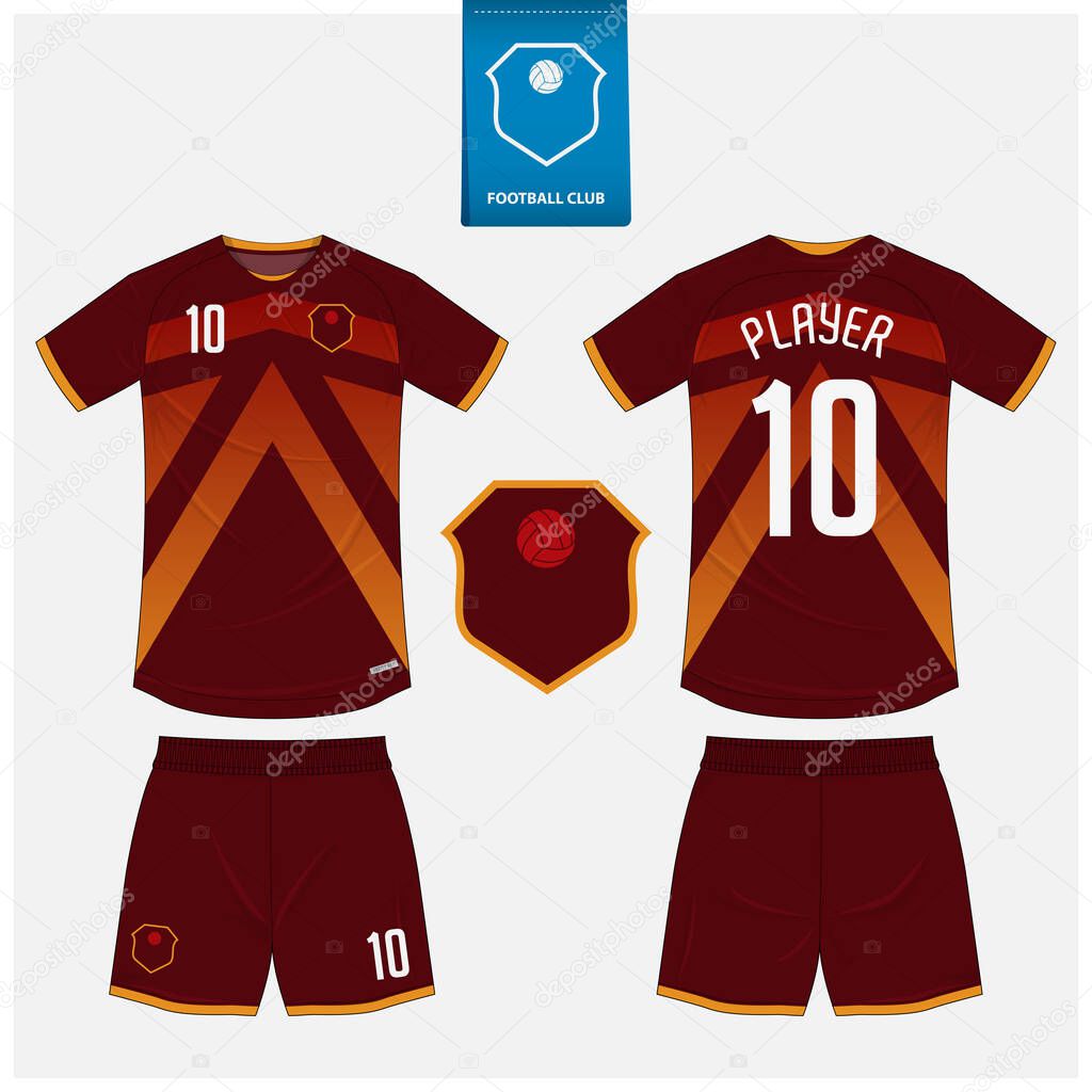 Soccer jersey or football kit mockup template design for sport club. Football shirt, shorts mockup. Soccer uniform in front view, back view. Soccer logo in flat design. Vector Illustration.