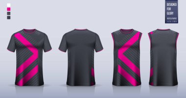 Siyah Pembe tişört modeli ya da futbol forması ya da futbol takımı için spor gömlek şablonu tasarımı. Basketbol forması ya da koşu atleti için kolsuz bluz. Spor üniforması için kumaş deseni ön planda. Vektör İllüstrasyonu.