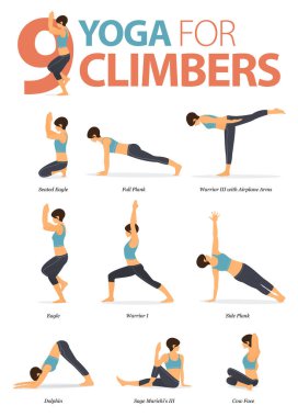 Infographic 9 Yoga, düz tasarım sporcuları için yoga kavramında tırmanışçılar için poz verir. Vücut germe egzersizi yapan bir kadın. Fitness bilgisi için yoga duruşu ya da asana. Düz Çizgi film Vektör İllüstrasyonu.