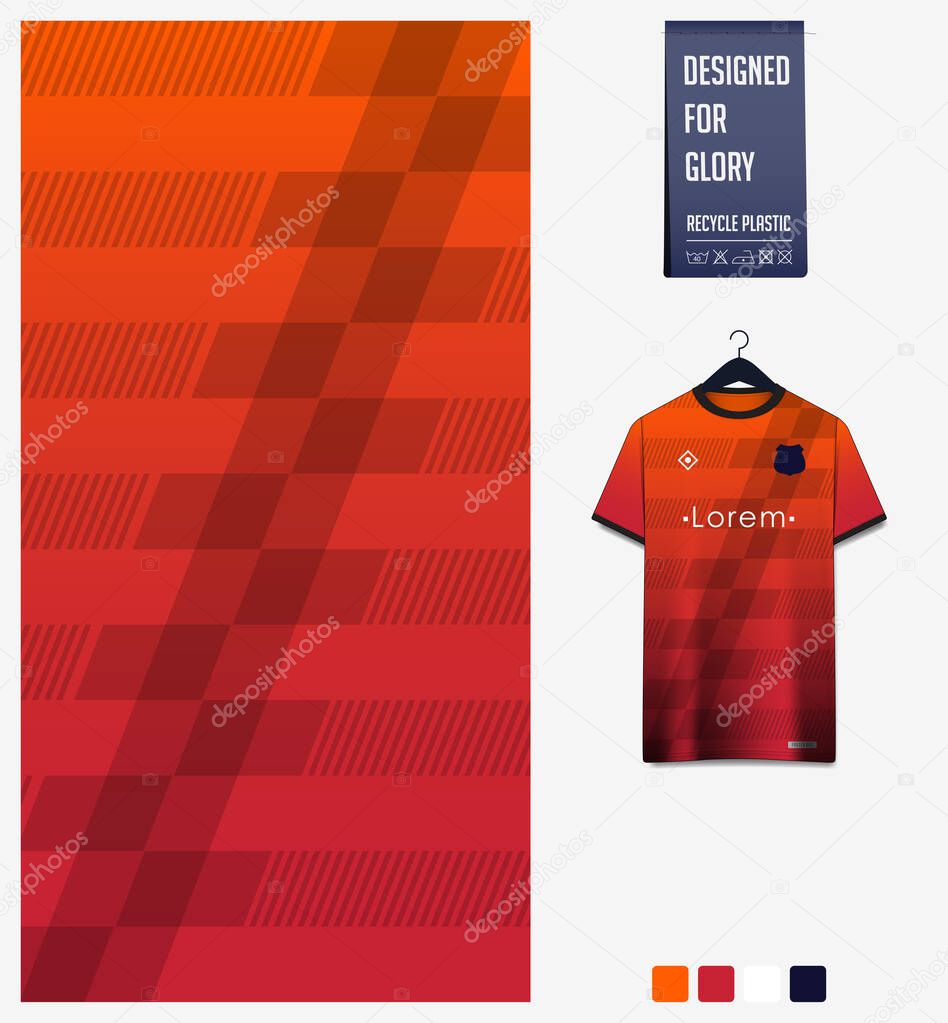 Fabric textile pattern design for soccer jersey, football kit, racing, e-sport, sport uniform. T-shirt mockup template design. Orange gradient geometry shape. Abstract background. Vector Illustration.