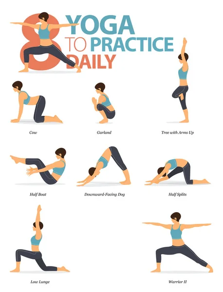 Infografica Yoga Posa Allenamento Casa Nel Concetto Pratica Quotidiana Design — Vettoriale Stock