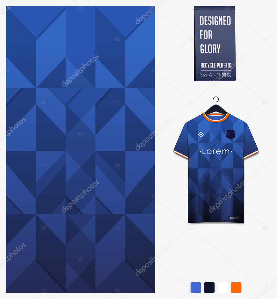 Blue gradient geometry shape abstract background. Fabric textile pattern design for soccer jersey, football kit, racing, e-sport, sport uniform. T-shirt mockup template design. Vector Illustration.