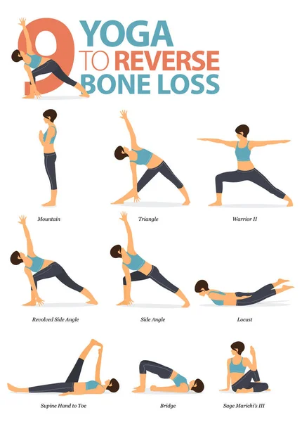 Infographic 9 Yoga düz tasarımda ters kemik kaybı kavramında evde çalışmak için poz veriyor. Kadınlar vücut esneme egzersizi yapıyor. Fitness bilgisi için yoga duruşu ya da asana. Düz Çizgi film Vektör İllüstrasyonu.