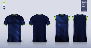 Mavi geometrik soyut desenli tişört modeli ya da futbol forması ya da futbol takımı için spor gömlek şablonu tasarımı. Basketbol forması ya da koşu atleti için kolsuz bluz. Spor üniforması için kumaş deseni ön planda. Vektör İllüstrasyonu.