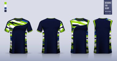 Mavi yeşil tişört modeli ya da futbol forması ya da futbol takımı için spor gömlek şablonu tasarımı. Basketbol forması ya da koşu atleti için kolsuz bluz. Spor üniforması için kumaş deseni ön planda. Vektör İllüstrasyonu.