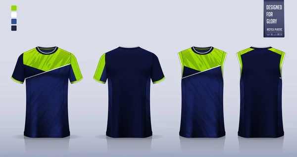 蓝色绿色T恤造型或运动衫模板设计足球球衣或足球套件 篮球运动或跑单打的坦克顶部 前视镜下运动服面料图案 病媒图解 — 图库矢量图片