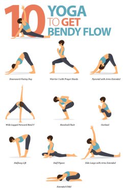 Infographic 10 Yoga düz dizayndaki kıvrımlı akış kavramında evde çalışmak için poz veriyor. Kadınlar vücut esneme egzersizi yapıyor. Fitness bilgisi için yoga duruşu ya da asana. Düz Çizgi film Vektör İllüstrasyonu.