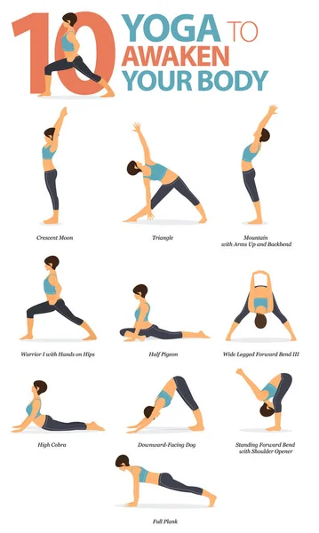 Infografica Yoga Posa Allenamento Casa Nel Concetto Risvegliare Corpo Design — Vettoriale Stock