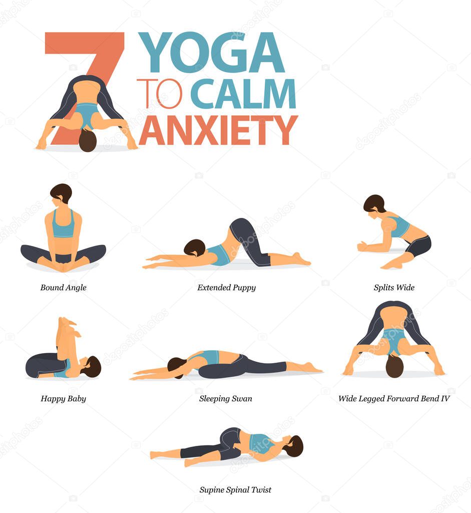 Infographic 7 Yoga poses for workout at home in concept of calm anxiety in flat design. Women exercising for body stretching. Yoga posture or asana for fitness infographic. Flat Cartoon Vector Illustration.