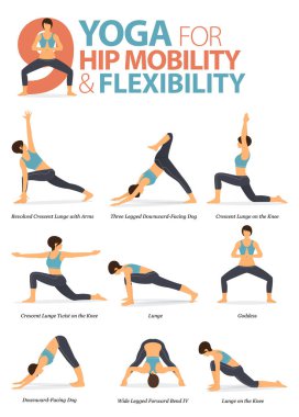 Infographic 9 Yoga düz tasarımda kalça esnekliği kavramında evde egzersiz için poz veriyor. Kadınlar vücut esneme egzersizi yapıyor. Fitness bilgisi için yoga duruşu ya da asana. Düz Çizgi film Vektör İllüstrasyonu.