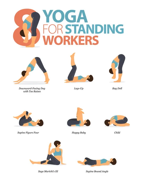 A Set Of Yoga Postures Female Figures For Infographic 3 Yoga Poses For  Relief Lower Shoulder And Back Pain In Flat Design Woman Figures Exercise  In Blue Sportswear And Black Yoga Pants
