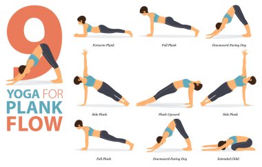 Infographic 9 Yoga, Plank Flow konseptiyle evde egzersiz için poz veriyor. Kadınlar vücut esneme egzersizi yapıyor. Fitness bilgisi için yoga duruşu ya da asana. Düz Çizgi film Vektör İllüstrasyonu.