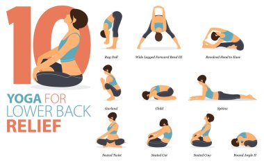 Infographic 9 Yoga, düz tasarımda Belden Aşağı Rahatlama kavramında evde egzersiz için poz veriyor. Kadınlar vücut esneme egzersizi yapıyor. Fitness bilgisi için yoga duruşu ya da asana. Düz Çizgi film Vektör İllüstrasyonu.