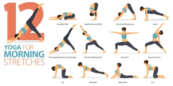 Infographic Yoga Poses Voor Workout Thuis Concept Van Morning Stretches — Stockvector