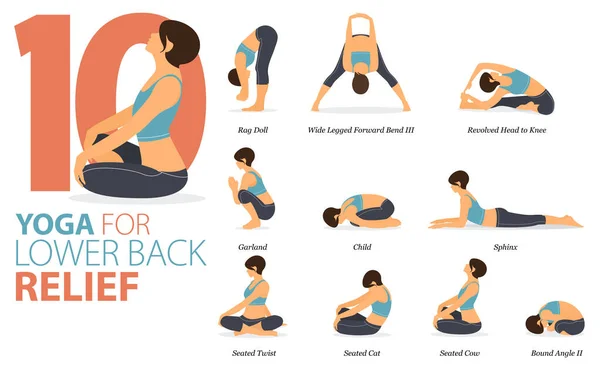 Infographic 9 Yoga, düz tasarımda Belden Aşağı Rahatlama kavramında evde egzersiz için poz veriyor. Kadınlar vücut esneme egzersizi yapıyor. Fitness bilgisi için yoga duruşu ya da asana. Düz Çizgi film Vektör İllüstrasyonu.