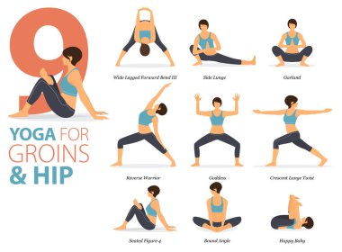 Infographic 9 Yoga, kasık ve kalça kavramları için evde egzersiz pozu veriyor. Kadınlar vücut esneme egzersizi yapıyor. Fitness bilgisi için yoga duruşu ya da asana. Düz Çizgi film Vektör İllüstrasyonu.