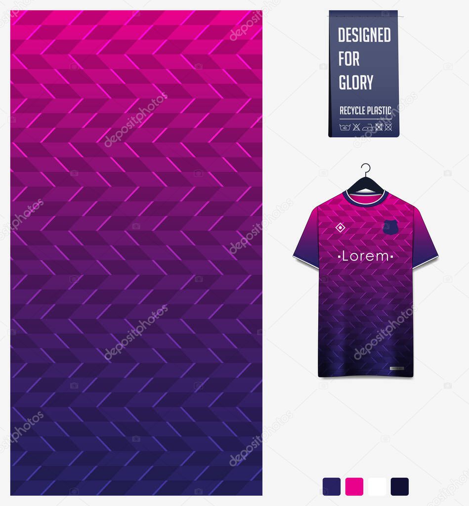 Fabric pattern design. Geometry pattern on violet background for soccer jersey, football kit, bicycle, e-sport, basketball, sports uniform, t-shirt mockup template. Abstract sport background. Vector Illustration.