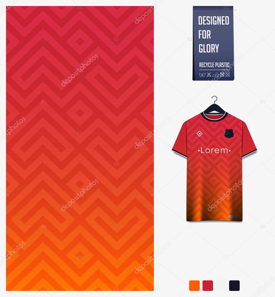 Fabric pattern design. Geometry pattern on orange background for soccer jersey, football kit, bicycle, e-sport, basketball, sports uniform, t-shirt mockup template. Abstract sport background. Vector Illustration.
