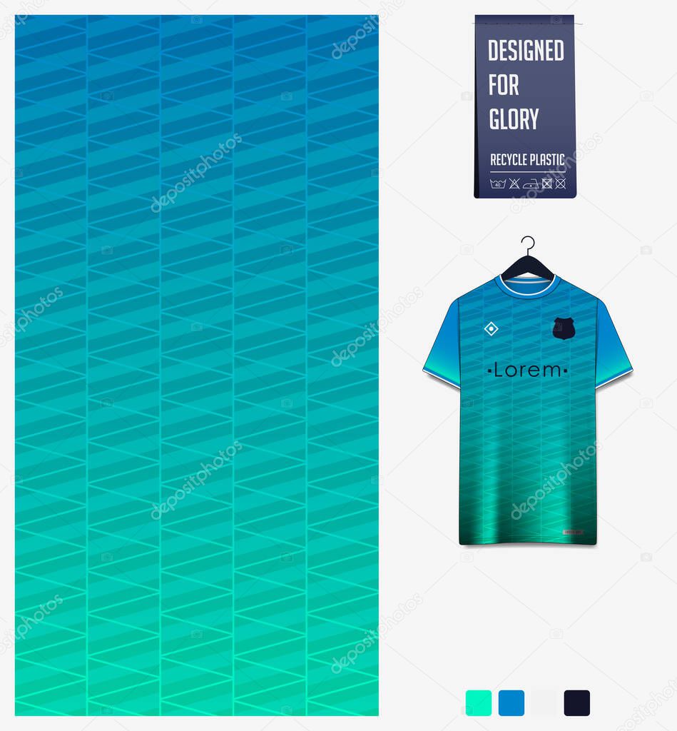 Fabric pattern design. Geometry pattern on blue background for soccer jersey, football kit, bicycle, e-sport, basketball, sports uniform, t-shirt mockup template. Abstract sport background. Vector Illustration.