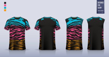 Siyah tişört modeli, futbol forması için spor gömlek şablonu tasarımı, futbol takımı. Basketbol forması için atlet, koşan atlet. Spor üniforması için kumaş deseni ön planda. Vektör.
