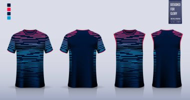 Mavi tişört modeli, futbol forması için spor gömlek şablonu tasarımı, futbol takımı. Basketbol forması için atlet, koşan atlet. Spor üniforması için kumaş deseni ön planda. Vektör.
