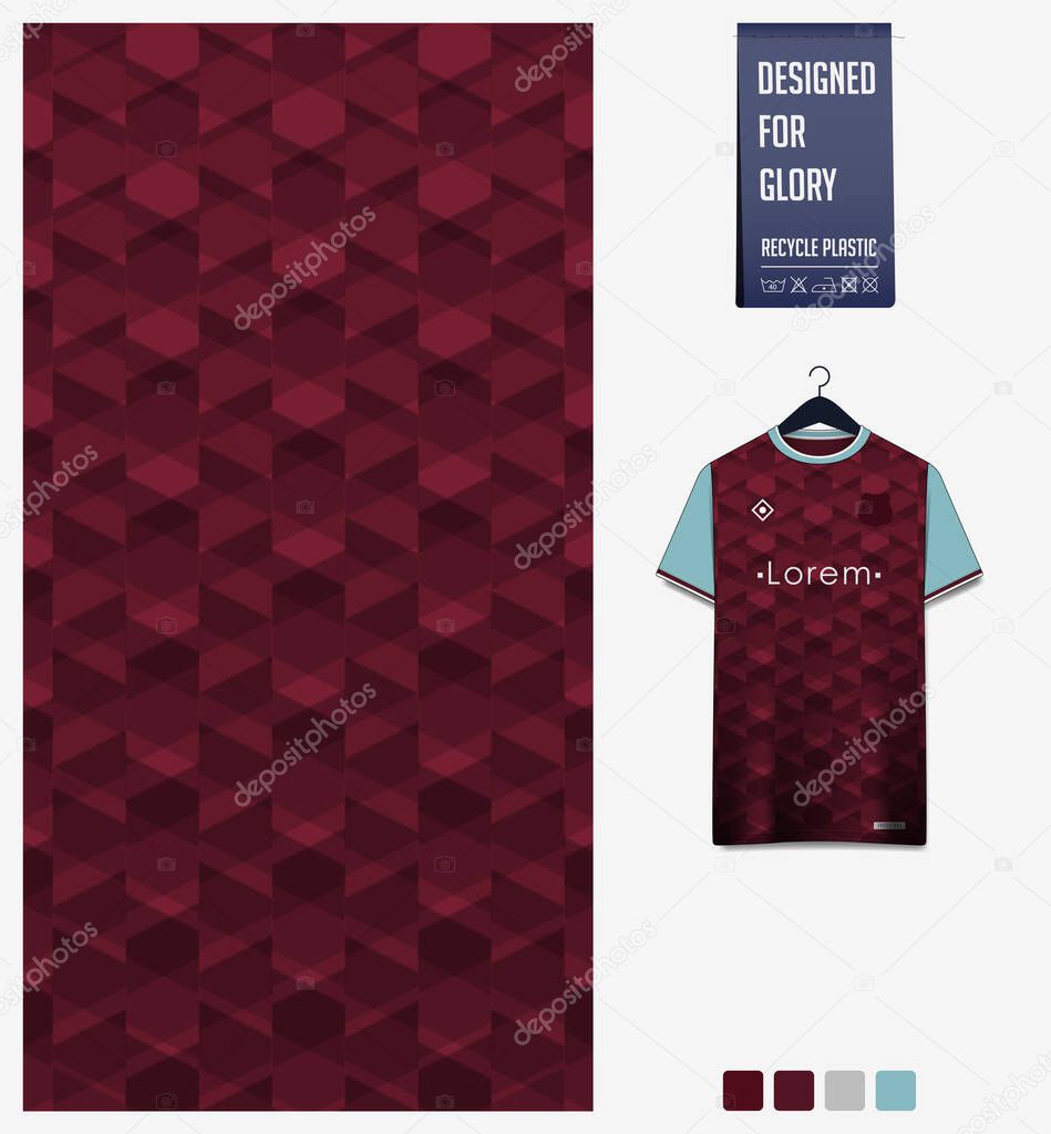 Fabric pattern design. Geometry pattern on claret red background for soccer jersey, football kit, bicycle, e-sport, basketball, sports uniform, t-shirt mockup template. Abstract sport background. Vector Illustration.