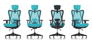 Muhtelif açılardan ofis sandalyesi ya da masa sandalyesi. Ergonomik sandalye önde, dikiz aynası, yan görüş. Düz tasarımda iç tasarım için mobilya ikonu. Vektör illüstrasyonu.