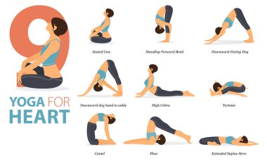 Infographic 9 Yoga, düz tasarımda kalp için Yoga kavramında evde egzersiz için poz veriyor. Kadınlar vücut esneme egzersizi yapıyor. Fitness bilgisi için yoga duruşu ya da asana. Düz Çizgi film Vektör İllüstrasyonu.