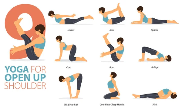 Infográfico Ioga Posa Para Treino Casa Conceito Ombro Aberto Design — Vetor de Stock