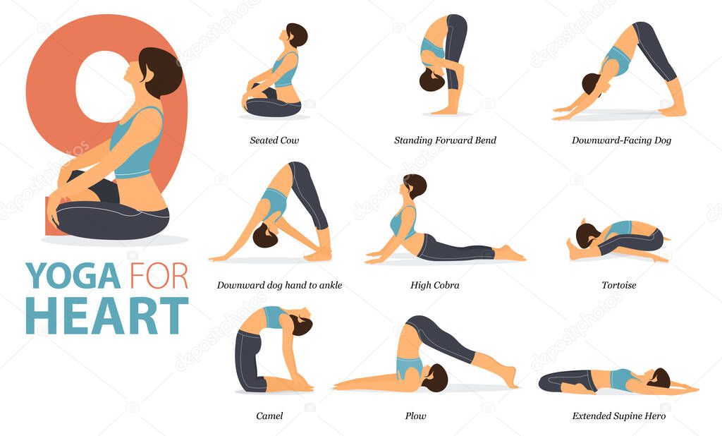 Infographic 9 Yoga poses for workout at home in concept of Yoga for heart in flat design. Women exercising for body stretching. Yoga posture or asana for fitness infographic. Flat Cartoon Vector Illustration.