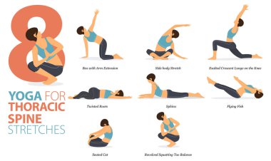 Infographic 8 Yoga, Torasik omurga esnemesi kavramında düz tasarım için poz verir. Kadınlar vücut esneme egzersizi yapıyor. Fitness bilgisi için yoga duruşu ya da asana. Düz Çizgi film Vektör İllüstrasyonu.