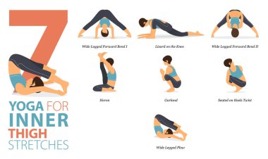 Infographic 7 Yoga, düz tasarımda Inner uyluk esnemesi kavramında egzersiz için poz verir. Kadınlar vücut esneme egzersizi yapıyor. Fitness bilgisi için yoga duruşu ya da asana. Düz Çizgi film Vektör İllüstrasyonu.