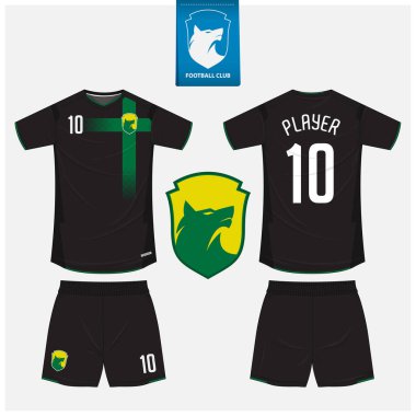 Futbol forması ya da futbol kulübü için futbol takımı şablonu tasarımı. Spor tişörtü, futbol forması, ön manzara, arka manzara. Düz dizaynlı futbol tişörtü modeli. Vektör İllüstrasyonu.